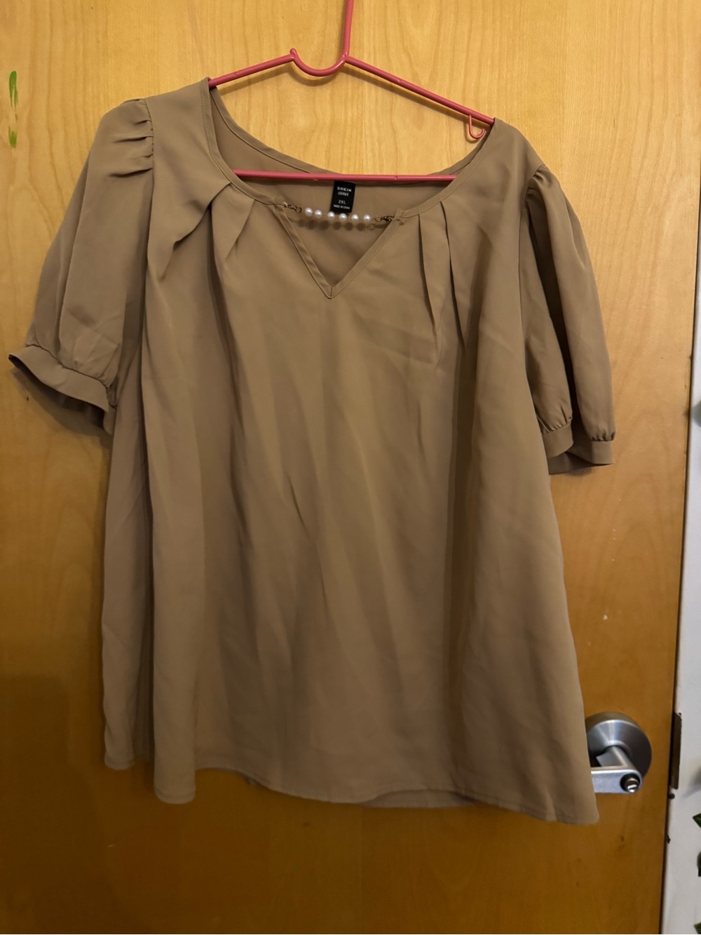 SHEIN Curve Blouse 2XL Taupe Beige Pearl Chain Puff Sleeve V-Neck Top Office